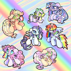 Size: 4000x4000 | Tagged: safe, artist:larvaecandy, imported from derpibooru, applejack, fluttershy, pinkie pie, rainbow dash, rarity, spike, twilight sparkle, alicorn, dragon, earth pony, pegasus, pony, unicorn, :3, abstract background, asexual pride flag, beanbrows, big eyes, big hooves, bilight sparkle, bisexual pride flag, blonde mane, blonde tail, blue coat, blue eyes, chest fluff, colored wings, curly mane, curly tail, curved horn, ear fluff, eye clipping through hair, eyebrows, eyelashes, female, floppy ears, folded wings, gay pride flag, glasses, green eyes, holding flag, horn, lesbian pride flag, looking back, mane seven, mane six, mare, mixed media, mouth hold, multicolored hair, multicolored mane, multicolored tail, narrowed eyes, nonbinary, nonbinary pride flag, nonbinary spike, orange coat, pansexual pride flag, pink coat, pink eyes, pink mane, pink tail, ponytail, pride, pride flag, pride month, pride ponies, purple coat, purple mane, purple tail, rainbow background, rainbow hair, rainbow tail, raised hoof, ringlets, shiny mane, shiny tail, short horn, small wings, smiling, sparkly mane, sparkly tail, spiky mane, spiky tail, spread wings, standing, straight mane, straight tail, tail, tied mane, tied tail, trans fluttershy, transgender pride flag, twilight sparkle (alicorn), two toned wings, unicorn horn, white coat, wingding eyes, winged spike, wings, yellow coat