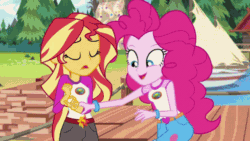 Size: 498x280 | Tagged: safe, imported from derpibooru, screencap, pinkie pie, sunset shimmer, human, equestria girls, animated, duo, duo female, eating, female, gif, my little pony equestria girls: legend of everfree, pier, water