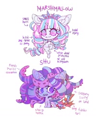 Size: 1259x1578 | Tagged: safe, artist:cutesykill, imported from derpibooru, oc, oc only, oc:princess marshmallow, oc:shokoshu, monster pony, pony, sea pony, beanbrows, big ears, big eyes, big head, chibi, colored eyebrows, colored teeth, crown, decapitated, eyebrows, eyelashes, facial markings, fins, fish tail, flying, freckles, horn, jewelry, looking back, multicolored mane, multicolored tail, pink eyes, purple coat, purple eyes, purple teeth, purple text, rearing, regalia, ringlets, sea pony oc, sharp teeth, shrunken pupils, simple background, small wings, smiling, spikes, spread wings, standing, striped, striped tail, stripes, tail, teeth, tentacle mane, text, thick eyelashes, three toned mane, three toned tail, tiara, tri-color mane, tri-color tail, tri-colored mane, tri-colored tail, tricolor mane, tricolor tail, tricolored mane, two toned eyes, unicorn horn, white background, white coat, wide eyes, wings