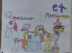 Size: 3525x2604 | Tagged: safe, artist:blackblade360, imported from derpibooru, moondancer, moondancer (g1), moondancer (g3), earth pony, pony, unicorn, blue coat, clothes, coat, colored pencil drawing, drawing, evolution, g1, g3, generation leap, glasses, horn, paper, tail, tan coat, traditional art, two toned mane, two toned tail, white coat