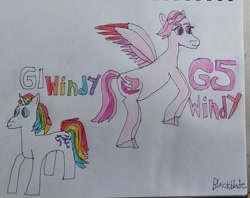 Size: 3290x2604 | Tagged: safe, artist:blackblade360, imported from derpibooru, windy (g1), pegasus, pony, unicorn, colored pencil drawing, colored wings, evolution, female, flying, g1, g5, horn, irl, mare, multicolored hair, paper, photo, rainbow hair, rainbow ponies, raised leg, signature, smiling, tail, traditional art, two toned mane, two toned tail, two toned wings, unshorn fetlocks, windy, wings