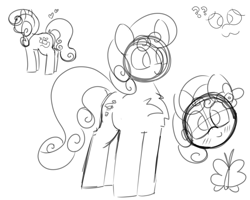 Size: 2000x1600 | Tagged: safe, artist:allhallowsboon, imported from derpibooru, junebug, earth pony, pony, butt, chest fluff, female, heart, mare, monochrome, question mark, simple background, sketch, sketch dump, smiling, solo, white background