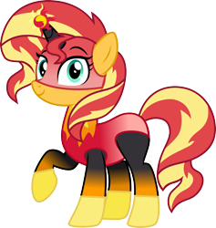 Size: 2372x2501 | Tagged: safe, artist:cloudy glow, artist:dupontsimon, imported from derpibooru, sunset shimmer, unicorn, fanfic:choose your own magic ending, fanfic art, female, horn, looking at you, mare, mask, raised hoof, simple background, smiling, smiling at you, solo, superhero, superhero costume, transparent background, vector