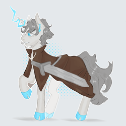 Size: 3000x3000 | Tagged: safe, artist:drawndreas, imported from derpibooru, oc, oc:lancer thunderstride, pony, unicorn, blue eyes, cape, clothes, collar, commission, ear piercing, earring, electricity, gray mane, gray tail, grey hair, horn, jewelry, light skin, lightning, male, piercing, simple background, solo, stallion, sword, weapon, white background