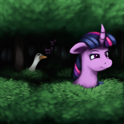 Size: 2000x2000 | Tagged: safe, artist:redquoz, imported from twibooru, bird, goose, pony, atg 2024, female, forest, image, jojo's bizarre adventure, mare, menacing, newbie artist training grounds, png, this will end in pain, tree, ゴ ゴ ゴ