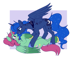Size: 1163x898 | Tagged: safe, artist:lulubell, imported from derpibooru, princess luna, oc, oc:aria starsong, alicorn, pony, alicorn oc, blush lines, blushing, body freckles, canon x oc, colored hooves, colored wings, colored wingtips, duo, duo female, ear freckles, ethereal mane, ethereal tail, eyeshadow, female, folded wings, freckles, gradient legs, hoof shoes, horn, lavender background, leg freckles, lesbian, lidded eyes, looming over, lying down, magenta eyes, makeup, mare, nose to nose, on back, partially open wings, passepartout, peytral, pinned down, princess shoes, shocked, simple background, surprised, tail, unshorn fetlocks, white background, wing freckles, wings