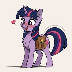 Size: 1536x1536 | Tagged: safe, imported from derpibooru, twilight sparkle, pony, unicorn, adorkable, ai content, ai generated, bag, blushing, chest fluff, cute, dork, female, floating heart, generator:autismmix confetti, heart, horn, looking sideways, mare, motion lines, open mouth, open smile, prompter:siber, saddle bag, satchel, simple background, smiling, solo, tail, tail wag, unicorn twilight, white background