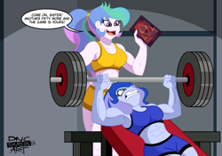 Size: 4961x3496 | Tagged: safe, artist:dncsamsonart, imported from derpibooru, lord tirek, princess celestia, princess luna, human, equestria girls, abs, absurd resolution, barbell, breasts, busty princess celestia, busty princess luna, clothes, commission, duo, duo female, female, gym, muscles, muscular female, princess muscle moona, princess musclestia, principal celestia, principal musclestia, shorts, speech bubble, sports bra, sports shorts, tirek's revenge, vice principal luna, vice principal muscle moona, video game, weights