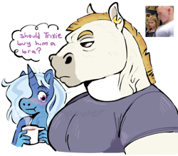 Size: 2316x2030 | Tagged: safe, artist:stimpower, imported from derpibooru, bulk biceps, trixie, anthro, pegasus, unicorn, blushing, coffee mug, duo, duo male and female, female, girl staring at guy's chest, hair over one eye, horn, male, mare, meme, mug, muscles, muscular male, shipping, simple background, stallion, straight, thought bubble, trixbulk, white background