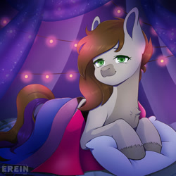 Size: 2000x2000 | Tagged: safe, alternate version, artist:erein, imported from derpibooru, oc, oc only, oc:cj vampire, earth pony, pony, alternate character, bedroom, brown mane, chest fluff, commission, demibisexual, demisexual pride flag, ears up, earth pony oc, flag, garland, green eyes, high res, indoors, lgbt, looking at you, night, pillow, pride, pride flag, pride month, reverse countershading, room, smiling, smiling at you, solo, string lights, tail, unshorn fetlocks, ych result
