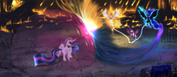 Size: 3960x1724 | Tagged: safe, artist:darksly, imported from derpibooru, daybreaker, nightmare moon, opaline arcana, twilight sparkle, alicorn, pony, the last problem, atg 2024, book, chains, crying, female, force field, g5, magic, magic aura, mare, newbie artist training grounds, older, older twilight, older twilight sparkle (alicorn), princess twilight 2.0, twilight sparkle (alicorn), wip
