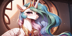 Size: 2400x1200 | Tagged: safe, imported from derpibooru, princess celestia, alicorn, pony, ai content, ai generated, bust, celestia's crown, chest fluff, craft, ear fluff, eyebrows, eyebrows visible through hair, female, horn, jewelry, looking at you, mare, partially open wings, peytral, portrait, prompter:greesys, regalia, sculpture, sitting, solo, window, wings