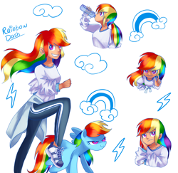 Size: 2160x2100 | Tagged: safe, artist:andromedasparkz, imported from derpibooru, rainbow dash, human, pegasus, pony, alternate hairstyle, bottle, clothes, female, grin, human ponidox, humanized, mare, pants, ponytail, self paradox, self ponidox, shirt, shoes, smiling, sneakers, solo, sweatpants, water, water bottle