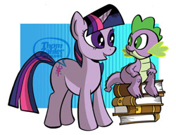 Size: 600x463 | Tagged: safe, artist:thom zahler, imported from derpibooru, spike, twilight sparkle, dragon, pony, unicorn, 2013, book, duo, duo male and female, female, horn, looking at each other, looking at someone, male, mare, open mouth, open smile, sitting, smiling, tail, unicorn twilight, watermark
