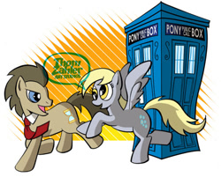 Size: 600x483 | Tagged: safe, artist:thom zahler, imported from derpibooru, derpy hooves, doctor whooves, time turner, earth pony, pegasus, pony, 2013, commission, doctor who, duo, duo male and female, female, male, necktie, open mouth, open smile, raised hoof, raised hooves, raised leg, smiling, spread wings, tail, tardis, watermark, wings