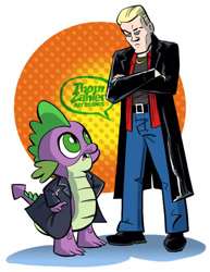 Size: 600x779 | Tagged: safe, artist:thom zahler, imported from derpibooru, spike, dragon, undead, vampire, 2013, belt, buffy the vampire slayer, clothes, crossed arms, crossover, duo, duo male, hand on hip, jacket, light skin, looking at each other, looking at someone, looking down, looking up, male, namesake, open mouth, pants, pun, shirt, shoes, spike (buffyverse), tail, visual pun, watermark
