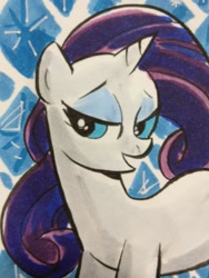 Size: 769x1024 | Tagged: safe, artist:thom zahler, imported from derpibooru, rarity, pony, unicorn, c2e2, c2e2 2013, female, horn, lidded eyes, mare, open mouth, open smile, sketchcard, smiling, solo, traditional art