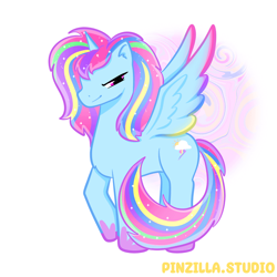 Size: 640x640 | Tagged: safe, artist:pinzillastudio, imported from derpibooru, oc, oc only, alicorn, pony, alicorn oc, colored wings, colored wingtips, female, fusion, fusion:dashlestia, fusion:princess celestia, fusion:rainbow dash, gauntlet, horn, multicolored hair, raised hoof, simple background, smiling, smirk, solo, sparkling mane, spread wings, white background, wings