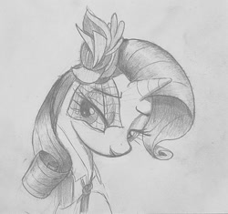Size: 1522x1429 | Tagged: safe, artist:anonymous, imported from derpibooru, rarity, pony, unicorn, female, flower, flower in hair, grayscale, horn, looking at you, mare, monochrome, pencil drawing, solo, traditional art, veil