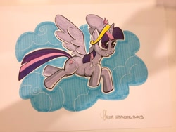 Size: 1024x768 | Tagged: safe, artist:thom zahler, imported from derpibooru, twilight sparkle, alicorn, pony, 2013, big crown thingy, element of magic, female, heroescon, heroescon 2013, horn, jewelry, mare, open mouth, open smile, regalia, signature, smiling, solo, spread wings, tail, traditional art, twilight sparkle (alicorn), wings