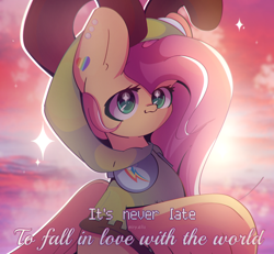 Size: 2600x2400 | Tagged: safe, artist:miryelis, imported from derpibooru, fluttershy, pegasus, pony, :3, antonymph, big ears, clothes, cute, female, fluttgirshy, gir, headphones, invader zim, long hair, looking at you, mare, shyabetes, sky, solo, text, vylet pony
