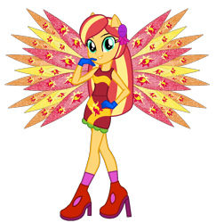 Size: 1000x1030 | Tagged: safe, artist:ketrin29, artist:user15432, imported from derpibooru, sunset shimmer, fairy, equestria girls, alternate hairstyle, base used, clothes, colored wings, crossover, cutie mark, cutie mark on clothes, dress, eastrix, fairy wings, fairyized, gloves, hand on hip, high heels, looking at you, ponied up, red dress, red wings, shoes, simple background, smiling, sparkly wings, transparent background, wings, winx, winx club, winxified