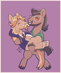 Size: 1615x1926 | Tagged: safe, artist:php191, imported from derpibooru, colter sobchak, jeff letrotski, earth pony, pony, carrying, clothes, cutie mark, duo, duo male, facial hair, gay, glasses, holding a pony, hooves behind head, hooves to the chest, looking at each other, looking at someone, male, purple background, signature, simple background, smiling, smiling at each other, stallion, standing, standing on two hooves, suit