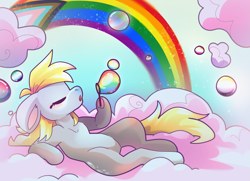 Size: 5121x3699 | Tagged: safe, artist:cutepencilcase, imported from derpibooru, derpy hooves, pegasus, pony, bisexual pride flag, blowing bubbles, bubble, cloud, cloud bed, eyes closed, gay pride flag, lesbian pride flag, nonbinary pride flag, pansexual pride flag, pride, pride flag, pride month, rainbow, rainbow flag, solo, transgender pride flag