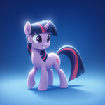 Size: 1920x1920 | Tagged: safe, imported from derpibooru, twilight sparkle, pony, unicorn, ai content, ai generated, blue background, cute, female, full body, generator:bluefox mix, generator:stable diffusion, gradient background, hoof fluff, horn, mare, prompter:adorablebluefox, raised hoof, side view, simple background, smiling, solo, standing, teeth, twiabetes