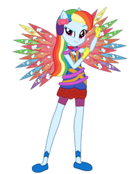 Size: 839x1088 | Tagged: safe, artist:ketrin29, artist:user15432, imported from derpibooru, rainbow dash, fairy, equestria girls, alternate hairstyle, base used, blue dress, bow, clothes, colored wings, crossover, cutie mark, cutie mark on clothes, dress, eastrix, fairy wings, fairyized, gloves, hair bow, looking at you, multicolored wings, ponied up, rainbow wings, shoes, simple background, smiling, sparkly wings, transparent background, wings, winx, winx club, winxified