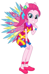 Size: 726x1089 | Tagged: safe, artist:ketrin29, artist:user15432, imported from derpibooru, pinkie pie, fairy, equestria girls, alternate hairstyle, base used, clothes, colored wings, crossover, cutie mark, cutie mark on clothes, dress, eastrix, fairy wings, fairyized, finger to mouth pose, flower, flower in hair, looking at you, pink dress, pink wings, ponied up, ponytail, shoes, simple background, smiling, sparkly wings, transparent background, wings, winx, winx club, winxified