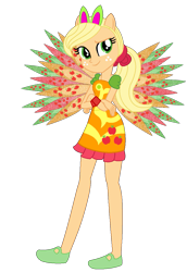 Size: 819x1188 | Tagged: safe, artist:flormoonlight, artist:user15432, imported from derpibooru, applejack, fairy, equestria girls, alternate hairstyle, base used, bunny ears, clothes, colored wings, crossed arms, crossover, cutie mark, cutie mark on clothes, dress, eastrix, fairy wings, fairyized, looking at you, orange dress, orange wings, ponied up, ponytail, shoes, simple background, smiling, sparkly wings, transparent background, wings, winx, winx club, winxified