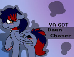 Size: 1348x1048 | Tagged: safe, alternate version, artist:bluemoon, imported from derpibooru, oc, oc only, oc:dawn chaser, pegasus, pony, banned from equestria daily, alternate character, blushing, chest fluff, collar, colored hooves, commission, floppy ears, folded wings, gradient background, looking back, male, male oc, orange eyes, pegasus oc, pet play, raised hoof, shy, stallion, stallion oc, submissive, tail, two toned mane, two toned tail, unshorn fetlocks, wings, ya got, ych result