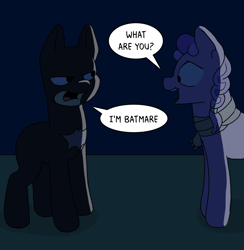 Size: 1600x1638 | Tagged: safe, artist:doodledonutart, imported from derpibooru, earth pony, pony, atg 2024, batman, dc comics, dialogue, duo, newbie artist training grounds, ponified, speech bubble