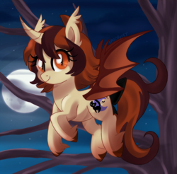 Size: 2459x2421 | Tagged: safe, artist:spookyle, imported from derpibooru, oc, oc only, oc:pumpkin patch, alicorn, bat pony, bat pony alicorn, pony, bat wings, female, horn, mare, moon, solo, tree, wings