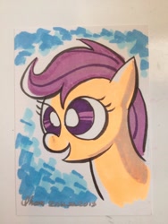 Size: 768x1024 | Tagged: safe, artist:thom zahler, imported from derpibooru, scootaloo, pegasus, pony, 2013, female, filly, foal, kids read comics, open mouth, open smile, signature, smiling, solo, traditional art