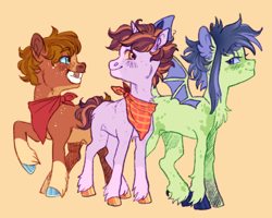 Size: 1458x1168 | Tagged: safe, artist:cactiflowers, imported from derpibooru, oc, oc:red delicious, oc:strike, oc:zapple, dracony, dragon, earth pony, hybrid, pony, unicorn, colt, female, filly, foal, horn, magical gay spawn, magical lesbian spawn, male, offscreen character, offspring, orange background, parent:apple bloom, parent:big macintosh, parent:rumble, parent:rumblespike, parent:scootaloo, parent:sheriff silverstar, parent:spike, parents:scootabloom, simple background