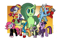 Size: 1000x647 | Tagged: safe, artist:thom zahler, imported from derpibooru, applejack, fluttershy, pinkie pie, rainbow dash, rarity, spike, twilight sparkle, dragon, earth pony, pegasus, pony, unicorn, 2013, angry, applejack's hat, armor, arrow, avengers, black widow (marvel), captain america, clothes, cosplay, costume, cowboy hat, eyepatch, female, group, hammer, hat, hawkeye, helmet, horn, iron man, lidded eyes, male, mane seven, mane six, mare, marvel, mjölnir, nick fury, one eye closed, open mouth, open smile, quiver, raised hoof, shield, signature, smiling, tail, the avengers, the incredible hulk, thor, war hammer, watermark, weapon, wink