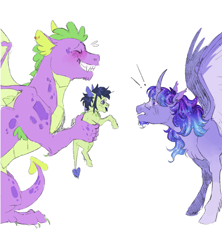 Size: 1796x2020 | Tagged: safe, artist:cactiflowers, imported from derpibooru, spike, twilight sparkle, oc, oc:strike, alicorn, dracony, dragon, hybrid, pony, adult, adult spike, alternate design, blushing, female, implied rumblespike, magical gay spawn, male, offspring, older, older spike, parent:rumble, parent:spike, parents:rumblespike, simple background, trio, twilight sparkle (alicorn), white background, winged spike, wings