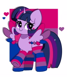 Size: 1797x2048 | Tagged: safe, artist:kittyrosie, imported from derpibooru, twilight sparkle, alicorn, pony, bilight sparkle, bisexual pride flag, blush lines, blushing, clothes, colored wings, colored wingtips, cute, female, floating heart, heart, heart eyes, heart mark, horn, looking back, mare, multicolored wings, passepartout, pride, pride flag, pride month, pride socks, raised hoof, shadow, signature, simple background, smiling, socks, solo, sparkles, sparkly hair, spread wings, striped socks, twiabetes, twilight sparkle (alicorn), underhoof, walking, white background, wingding eyes, wings