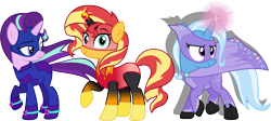 Size: 3135x1402 | Tagged: safe, artist:cloudy glow, artist:dupontsimon, artist:ephemeralpegasus, artist:zacatron94, imported from derpibooru, starlight glimmer, sunset shimmer, trixie, unicorn, fanfic:choose your own magic ending, equestria girls, fanfic art, female, horn, simple background, superhero, transparent background, trio, trio female, vector
