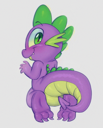 Size: 1004x1250 | Tagged: safe, artist:wuggsy, imported from derpibooru, spike, dragon, blushing, butt, cute, dragonbutt, fangs, feet, grainy, happy, looking at you, looking back, simple background, smiling, soles, solo, spikabetes, tail, underbelly