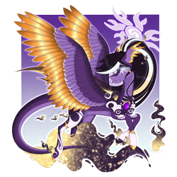 Size: 4320x4320 | Tagged: safe, artist:chazmazda, imported from derpibooru, oc, original species, pony, accessory, cel shading, fangs, frown, full body, gold, golden wings, hair, halo, horns, long hair, markings, present, shade, shading, smiling, solo, soul, sparkles, species:lost soul ponies, spirit, spirit orbs, stars, wings, wisps