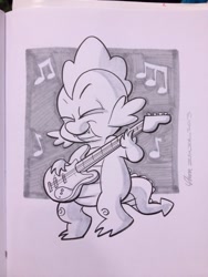 Size: 768x1024 | Tagged: safe, artist:thom zahler, imported from derpibooru, spike, dragon, 2013, bass guitar, cincinnati comic expo, cincinnati comic expo 2013, cute, eyes closed, fangs, grayscale, male, monochrome, music notes, musical instrument, playing instrument, signature, smiling, solo, spikabetes, tail, traditional art