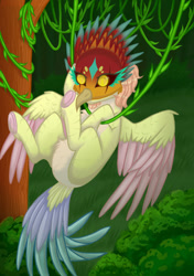 Size: 706x1003 | Tagged: safe, imported from derpibooru, oc, oc only, pegasus, forest, jungle, mask, nature, not fluttershy, pegasus oc, solo, tree, vine, wings
