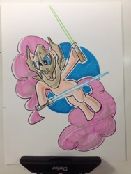 Size: 768x1024 | Tagged: safe, artist:thom zahler, imported from derpibooru, pinkie pie, earth pony, pony, 2013, clothes, cosplay, costume, crossover, female, general grievous, hoof hold, lightsaber, mare, mask, solo, star wars, tail, traditional art, weapon