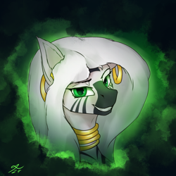 Size: 2160x2160 | Tagged: safe, artist:tenebrisnoctus, imported from derpibooru, zecora, zebra, atg 2024, bust, clothes, costume, ear piercing, earring, female, glowing, glowing eyes, grin, high res, jewelry, mare, necklace, newbie artist training grounds, nightmare night costume, piercing, smiling, solo