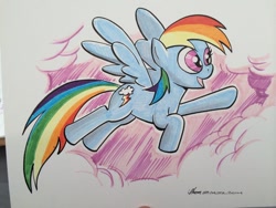Size: 1024x768 | Tagged: safe, artist:thom zahler, imported from derpibooru, rainbow dash, pegasus, pony, 2014, cloud, female, flying, mare, open mouth, open smile, signature, smiling, solo, spread wings, tail, traditional art, wings