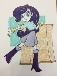 Size: 768x1024 | Tagged: safe, artist:thom zahler, imported from derpibooru, rarity, human, equestria girls, 2014, belt, boots, bracelet, clothes, commission, indiana comic convention, jewelry, shirt, shoes, signature, skirt, smiling, solo, traditional art