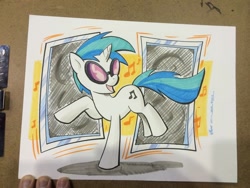 Size: 1024x768 | Tagged: safe, artist:thom zahler, imported from derpibooru, dj pon-3, vinyl scratch, pony, unicorn, 2014, commission, female, horn, mare, megacon, megacon 2014, music notes, open mouth, open smile, photo, signature, smiling, solo, tail, traditional art, vinyl's glasses